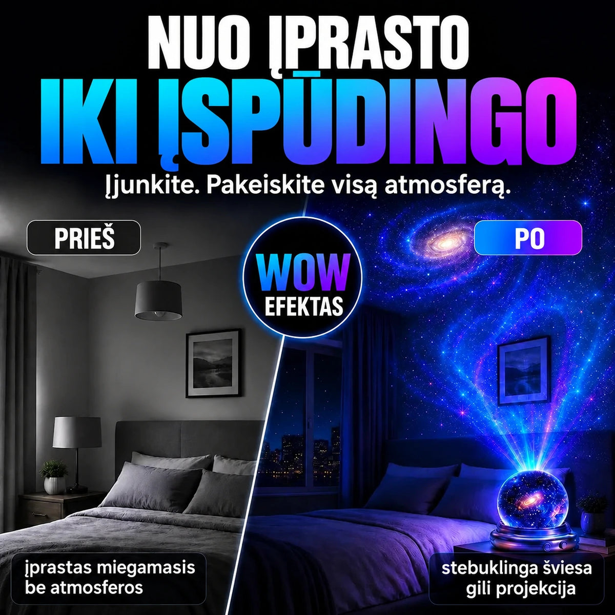 Topacme projektorius - prie? ir po atmosferos palyginimas